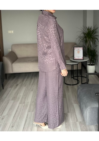 Kadın Mor Aurelia Floş Jakar Saten Gömlek Pantolon Ikili Takım Leopar Desenli Alt Üst Takım modelleri
