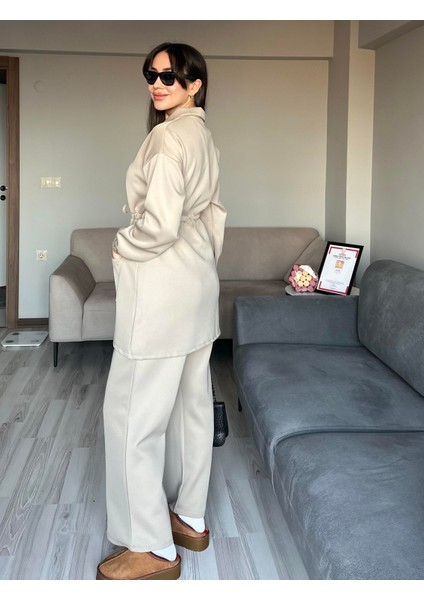 Kadın Taş Rengi Beli Bağlamalı Kuşaklı Ceket ve Pantolon Tesettür Ikili Takım Düğmeli Alt Üst Takım