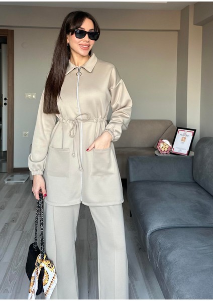 Kadın Taş Rengi Beli Bağlamalı Kuşaklı Ceket ve Pantolon Tesettür Ikili Takım Düğmeli Alt Üst Takım modelleri