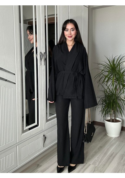 Kadın Siyah Bel Kuşaklı Kimono ve Pantolon Ikili Takım Krinkıl Kumaş Tiril Alt Üst Takım modelleri
