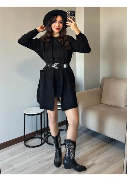 Kadın Siyah Yün Kaşmir Mini Triko Elbise ve Hırka Yanları Cepli Ikili Takım Triko Elbise Alt Üst Takım