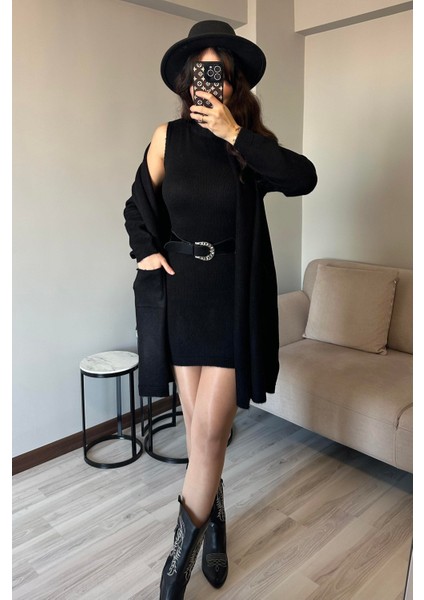 Kadın Siyah Yün Kaşmir Mini Triko Elbise ve Hırka Yanları Cepli Ikili Takım Triko Elbise Alt Üst Takım