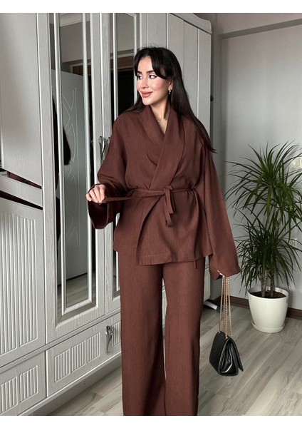 Kadın Acı Kahve Bel Kuşaklı Kimono ve Pantolon Ikili Takım Krinkıl Kumaş Tiril Alt Üst Takım fiyatları