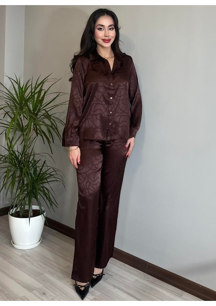 Kadın Acı Kahverengi Aurelia Floş Jakar Saten Gömlek Pantolon Ikili Takım Leopar Desenli Alt Üst Takım modelleri
