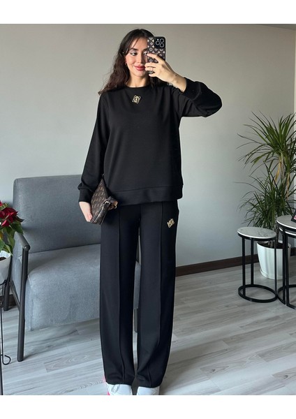 Kadın Siyah Broş Detaylı Oys Premium Pamuklu Modal Kumaş Tunik Sweatshirt ve Pantolon Alt Üst Takım Lüx Ikili Takım