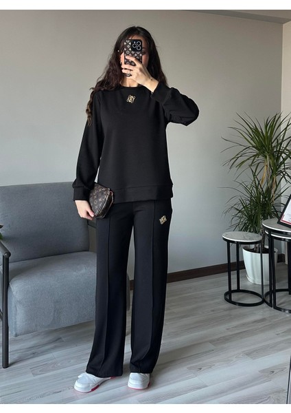 Kadın Siyah Broş Detaylı Oys Premium Pamuklu Modal Kumaş Tunik Sweatshirt ve Pantolon Alt Üst Takım Lüx Ikili Takım modelleri