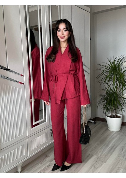 Kadın Bordo Bel Kuşaklı Kimono ve Pantolon Ikili Takım Krinkıl Kumaş Tiril Alt Üst Takım