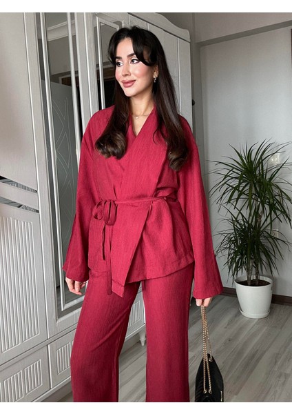 Kadın Bordo Bel Kuşaklı Kimono ve Pantolon Ikili Takım Krinkıl Kumaş Tiril Alt Üst Takım modelleri