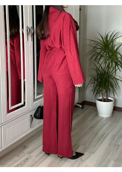 Kadın Bordo Bel Kuşaklı Kimono ve Pantolon Ikili Takım Krinkıl Kumaş Tiril Alt Üst Takım fırsatları