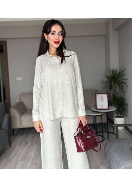 Kadın Aurelia Floş Jakar Saten Gömlek Pantolon Ikili Takım Leopar Desenli Alt Üst Takım fiyatları