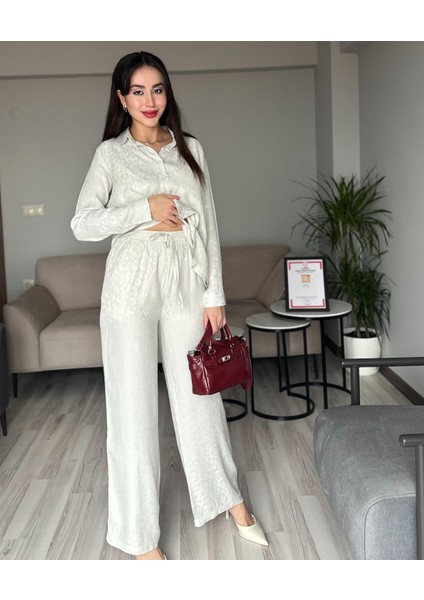 Kadın Aurelia Floş Jakar Saten Gömlek Pantolon Ikili Takım Leopar Desenli Alt Üst Takım modelleri