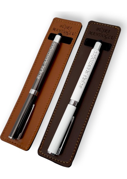 Öğretmenler Günü Günlük Hediyelik 2'li Isme Özel El Yapımı Deri Kılıflı Touch Pen Kalem Seti