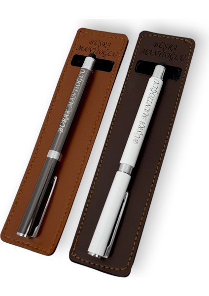 Öğretmenler Günü Günlük Hediyelik 2'li Isme Özel El Yapımı Deri Kılıflı Touch Pen Kalem Seti