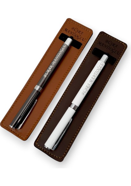 Öğretmenler Günü Günlük Hediyelik 2'li Isme Özel El Yapımı Deri Kılıflı Touch Pen Kalem Seti
