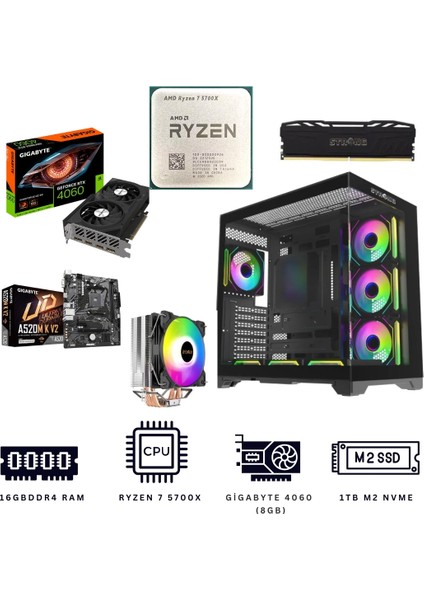 Black Pearl 16X Ryzen 7 5700X 16GB Ddr4 1tb Nvme M.2 RTX4060 Ekran Kartlı Oyuncu Bilgisayarı