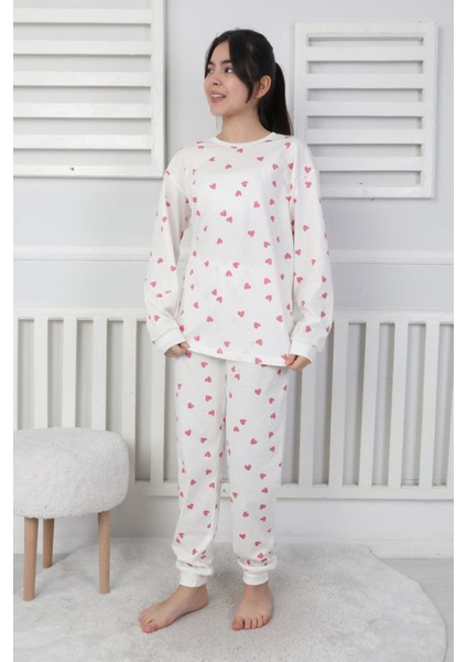 Isob Ekru Kalp Desenli %100 Pamuk Kız Çocuk Kısa Kollu Pijama Takımı 8-13 Yaş 41408-E