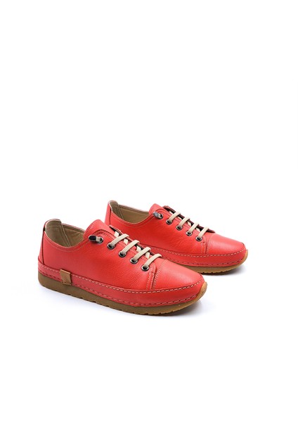 B251746 Deri Lastik Bağcıklı Kadın Kırmızı Konfor Ayakkabı