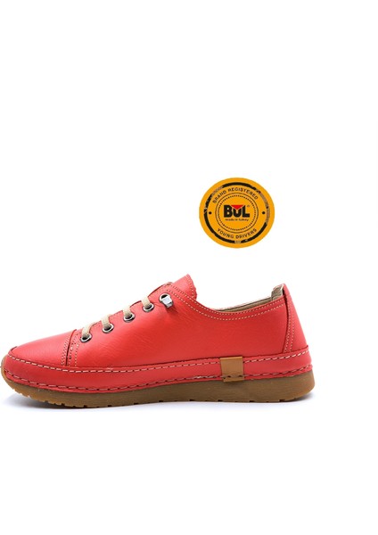 B251746 Deri Lastik Bağcıklı Kadın Kırmızı Konfor Ayakkabı fiyatları