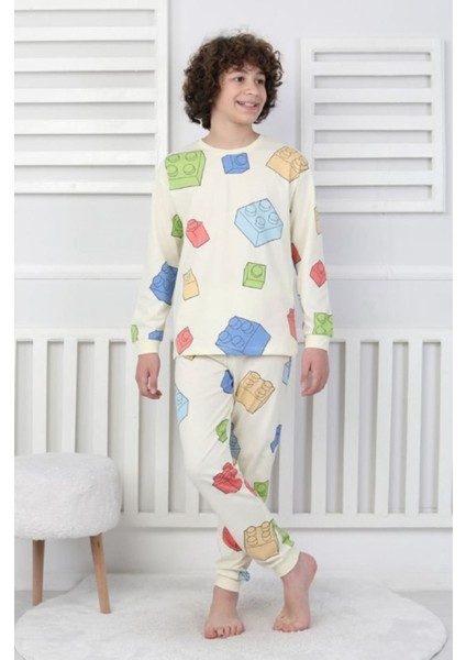 Isob Ekru LEGO Desenli %100 Pamuk Erkek Çocuk Kısa Kollu Pijama Takımı 8-13 Yaş 41505-E