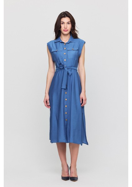 Kadın Kuşaklı Cepli Düğmeli Yırtmaçlı Aerobin Gömlek Yaka Elbise 4505-120