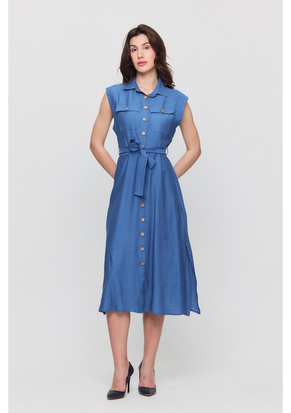 Kadın Kuşaklı Cepli Düğmeli Yırtmaçlı Aerobin Gömlek Yaka Elbise 4505-120 fiyatları