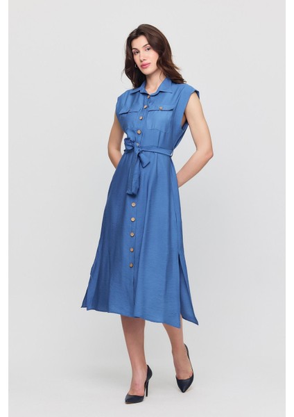 Kadın Kuşaklı Cepli Düğmeli Yırtmaçlı Aerobin Gömlek Yaka Elbise 4505-120 fırsatları
