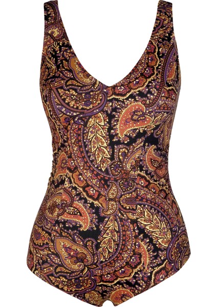 Beria Kadın Büyük Beden Kuplu Şal Desenli Kahverengi Toparlayıcı Mayo