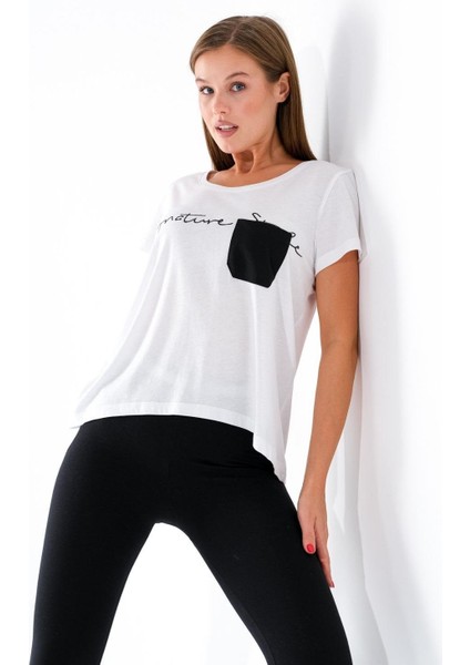 724100_Yeni sezon Kadın Baskılı açık Yuvarlak Yakalı Göğüs Cepli Kısa Kollu Spor Beyaz Tshirt modelleri