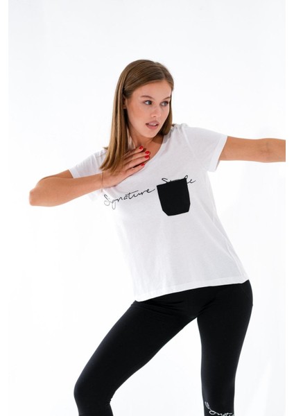 724100_Yeni sezon Kadın Baskılı açık Yuvarlak Yakalı Göğüs Cepli Kısa Kollu Spor Beyaz Tshirt fırsatları