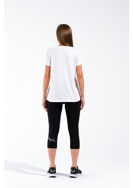 724100_Yeni sezon Kadın Baskılı açık Yuvarlak Yakalı Göğüs Cepli Kısa Kollu Spor Beyaz Tshirt indirimleri