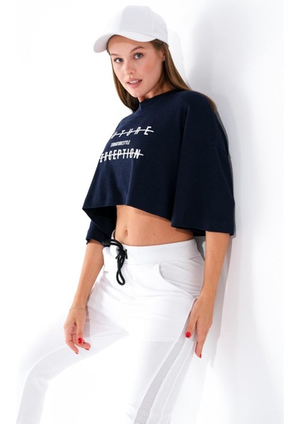 724106_Yeni Sezon Kadın Oversize Geniş Kalıp Baskılı Crop Boy Kısa Kollu Sportif Tshirt