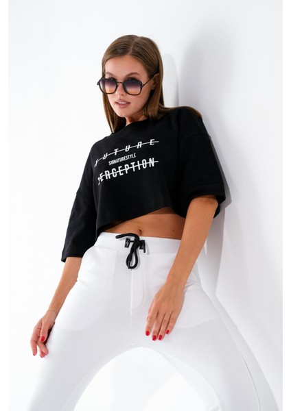 724106_Yeni Sezon Kadın Oversize Geniş Kalıp Baskılı Crop Boy Kısa Kollu Sportif Tshirt