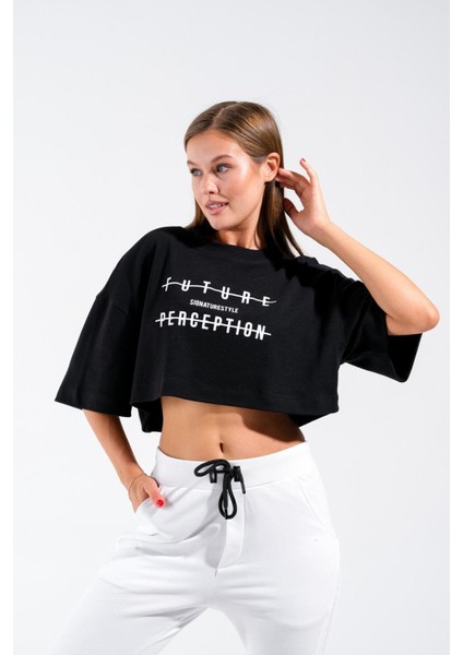 724106_Yeni Sezon Kadın Oversize Geniş Kalıp Baskılı Crop Boy Kısa Kollu Sportif Tshirt fiyatları