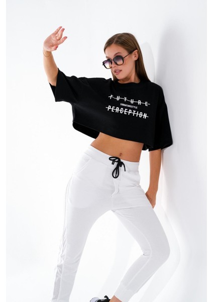 724106_Yeni Sezon Kadın Oversize Geniş Kalıp Baskılı Crop Boy Kısa Kollu Sportif Tshirt modelleri
