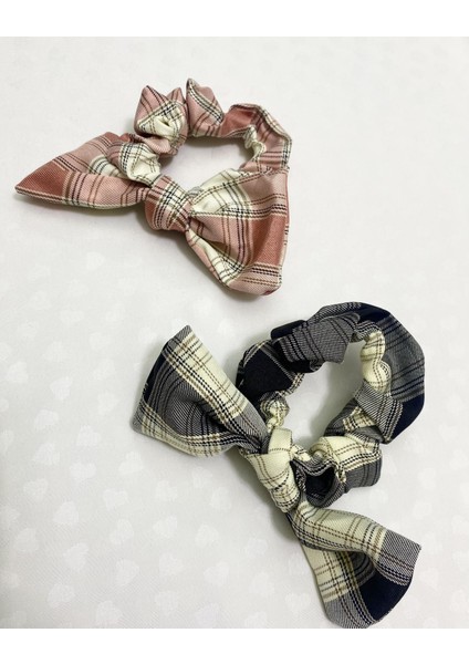 2'li Scrunchie Fiyonklu Ekose Lastikli Toka Siyah Kırmızı