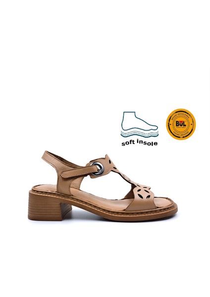 B251674 Hakiki Deri Cırtlı Kadın Cappuccino Bej Topuklu Sandalet fiyatları