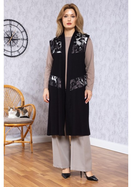 Kadın Orta Yaş Desenli Rahat Kalıp Volanlı Penye Anne Uzun Yelek 30352