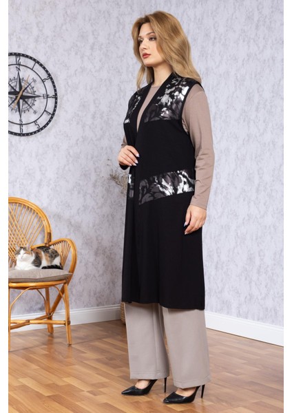 Kadın Orta Yaş Desenli Rahat Kalıp Volanlı Penye Anne Uzun Yelek 30352 modelleri