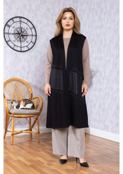 Kadın Orta Yaş Desenli Rahat Kalıp Volanlı Penye Anne Uzun Yelek 30352