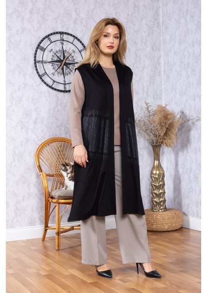 Kadın Orta Yaş Desenli Rahat Kalıp Volanlı Penye Anne Uzun Yelek 30352 modelleri