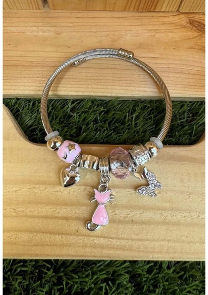 Kedi Kelebek ve Kalp Figürlü Çelik Bileklik/ Gümüş Renk