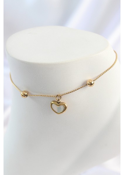316L Çelik Gold Renk Sallantı Mineli Kalp Figür Topçuk Detay Kadın Halhal
