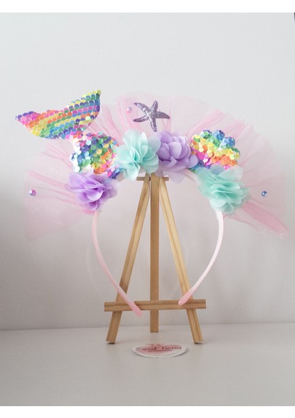 Trend Deniz Kızı Çocuk Taç İstiridye, Yıldız, Pembe Tüllü Rengarenk Çiçekli Çocuk Tacı