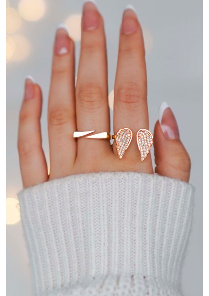 Taşlı Ayarlanabilir Zarif 2'li Melek Model Gold Kadın Yüzük