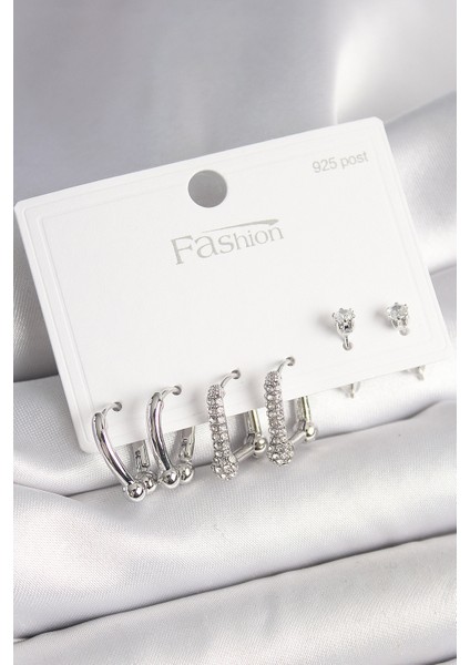 925 Ayar Gümüş Çivi Pirinç Gümüş Renk Zirkon Taşlı Tiffany Halka Model Kadın Küpe Seti