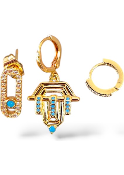 Mavi Taşlı Üçlü Şövalye Çelik Küpe