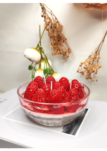 Çilekli Kase Dekoratif Kokulu Mum Doğal Soya Wax modelleri
