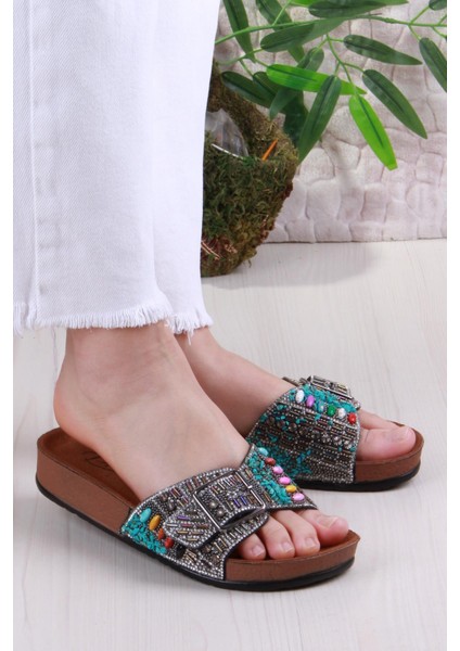 Pienn 20050 Anatomik Rahat Taşlı Boncuklu Tek Tokalı Kadın Terlik