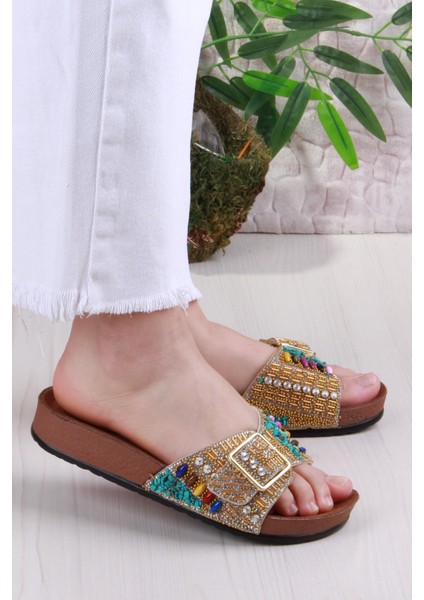 Pienn 20050 Anatomik Rahat Taşlı Boncuklu Tek Tokalı Kadın Terlik