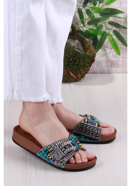 Pienn 20050 Anatomik Rahat Taşlı Boncuklu Tek Tokalı Kadın Terlik